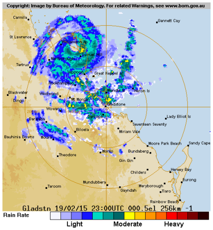 Figure 2: Radar image of Cyclone Marcia at the time of landfall. (Source: BOM) Figure 2: Radar image of Cyclone Marcia at the time of landfall. (Source: BOM)