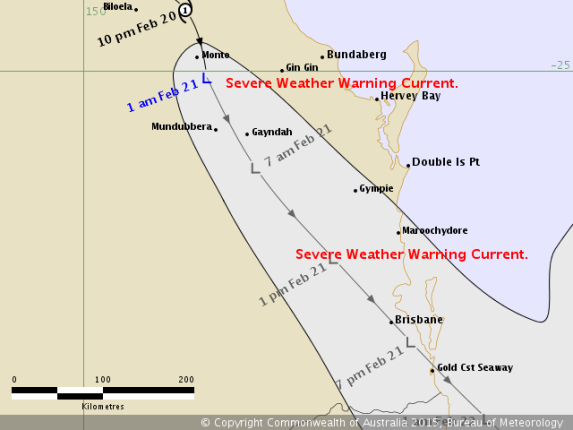 Figure 1. Storm track of Ex-Tropical Cyclone Marcia, February 20, 16:06 UTC. (Source: BOM) Figure 1. Storm track of Ex-Tropical Cyclone Marcia, February 20, 16:06 UTC. (Source: BOM)