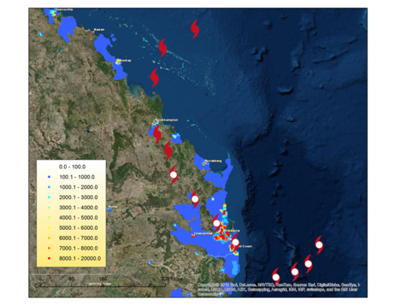 Figure 3: Observed (red symbols) and forecast (hollow red symbols) for Cyclone Marcia from the Australia BOM forecast issued at 13:11 UTC on February 20. The image also shows 2015 population estimates, on a 2.5 arc-minute (~4.5 km grid). (Source:BOM and CIESIN) Figure 3: Observed (red symbols) and forecast (hollow red symbols) for Cyclone Marcia from the Australia BOM forecast issued at 13:11 UTC on February 20. The image also shows 2015 population estimates, on a 2.5 arc-minute (~4.5 km grid). (Source:BOM and CIESIN)